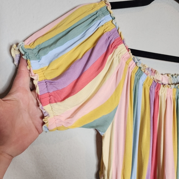 Torrid Midi Challis Off-Shoulder Dress Rainbow Stripe Stretch Size 0 Lrg pockets - Picture 11 of 16